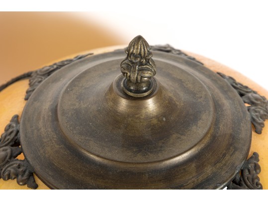 1960's Cast Brass Lion Head & Slag Glass Table Lamps