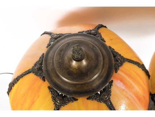 1960's Cast Brass Lion Head & Slag Glass Table Lamps