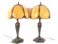 1960's Cast Brass Lion Head & Slag Glass Table Lamps