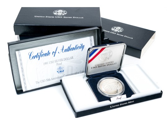 Five 1991-S U.S. 50th Anniversity USO Silver Dollar Coins