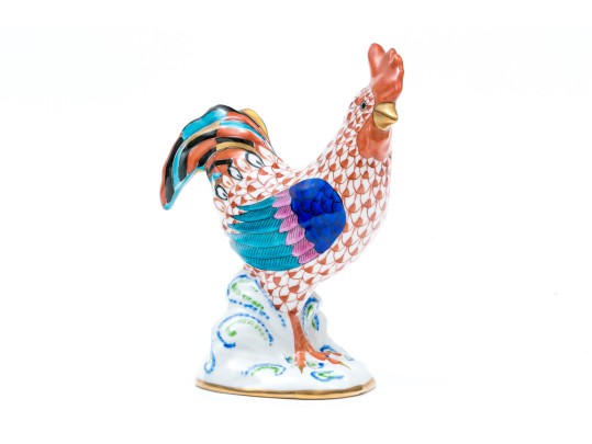 Herend Medium Sized Handsome Rooster With Multi-color Tail Feathers, Rust Fish Scale Design