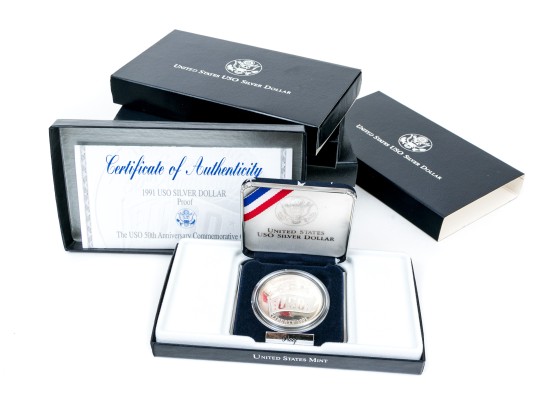 Five 1991-S U.S. 50th Anniversity USO Silver Dollar Coins
