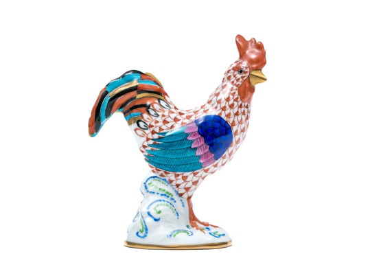 Herend Medium Sized Handsome Rooster With Multi-color Tail Feathers, Rust Fish Scale Design