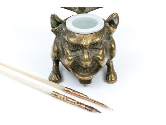Striking Groteque Form Inkwell, With Complementary Mother-of-pearl Writing Instruments