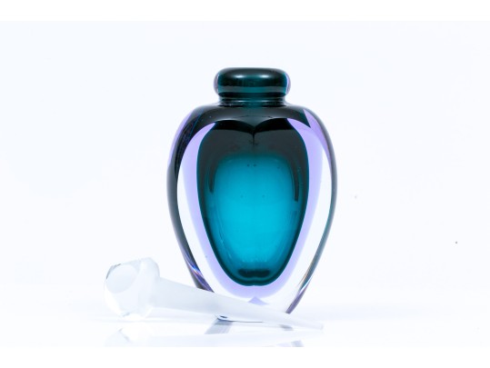 James Clark Stunning Art Glass Perfume Bottle, Green Purple Tones