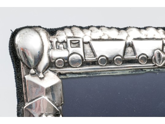 Sterling Silver English Baby Frame, Animal Motifs, With A Blue Backing