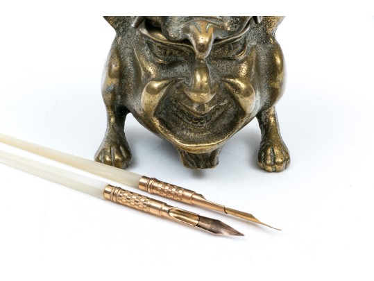 Striking Groteque Form Inkwell, With Complementary Mother-of-pearl Writing Instruments