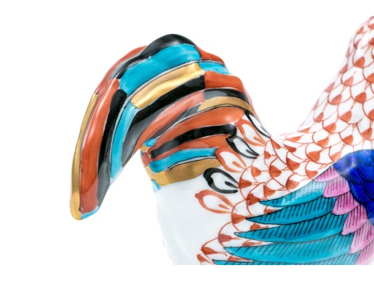 Herend Medium Sized Handsome Rooster With Multi-color Tail Feathers, Rust Fish Scale Design