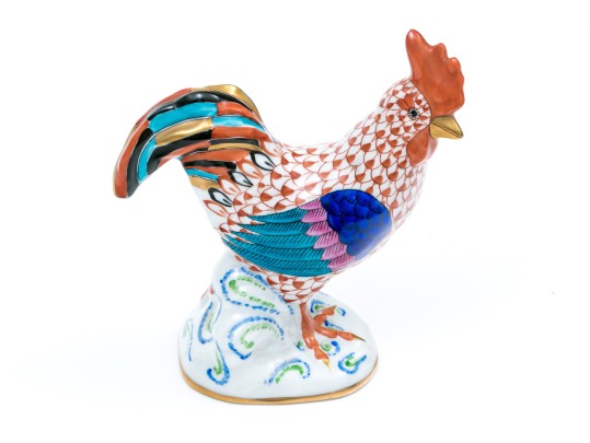 Herend Medium Sized Handsome Rooster With Multi-color Tail Feathers, Rust Fish Scale Design