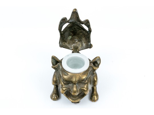 Striking Groteque Form Inkwell, With Complementary Mother-of-pearl Writing Instruments