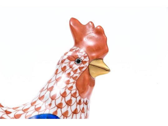 Herend Medium Sized Handsome Rooster With Multi-color Tail Feathers, Rust Fish Scale Design