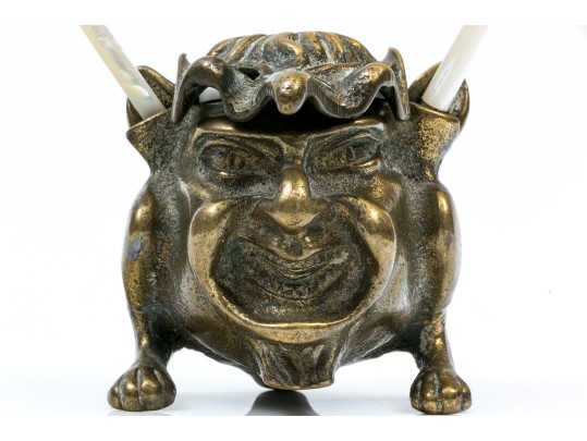 Striking Groteque Form Inkwell, With Complementary Mother-of-pearl Writing Instruments