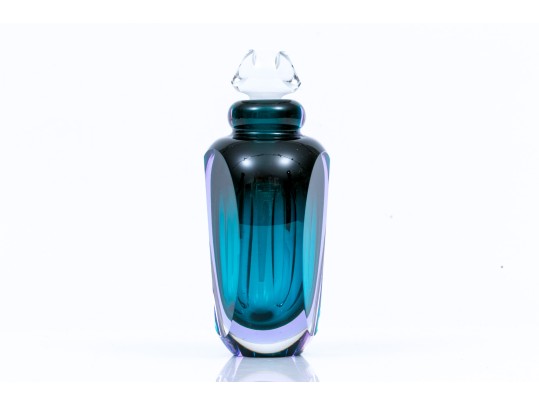 James Clark Stunning Art Glass Perfume Bottle, Green Purple Tones