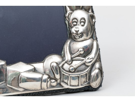 Sterling Silver English Baby Frame, Animal Motifs, With A Blue Backing