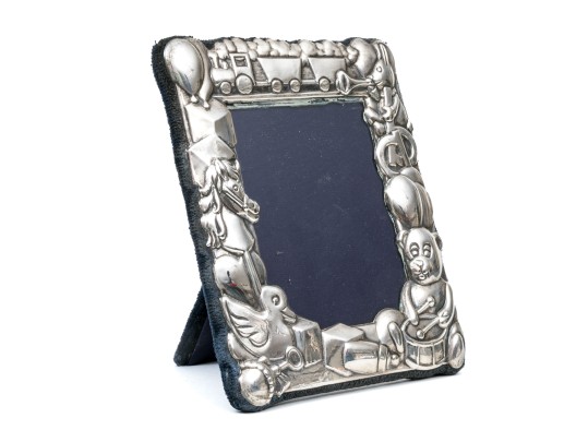 Sterling Silver English Baby Frame, Animal Motifs, With A Blue Backing