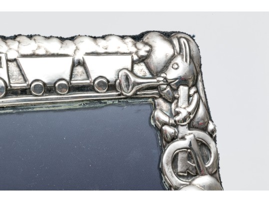 Sterling Silver English Baby Frame, Animal Motifs, With A Blue Backing