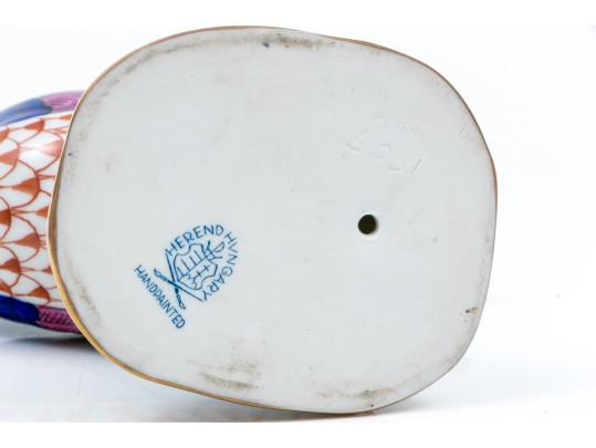 Herend Medium Sized Handsome Rooster With Multi-color Tail Feathers, Rust Fish Scale Design