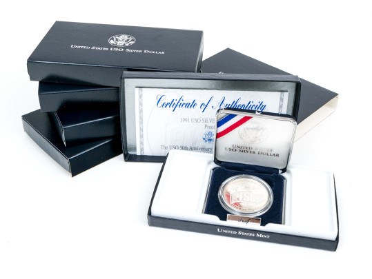 Five 1991-S U.S. 50th Anniversity USO Silver Dollar Coins