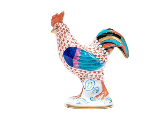 Herend Medium Sized Handsome Rooster With Multi-color Tail Feathers, Rust Fish Scale Design