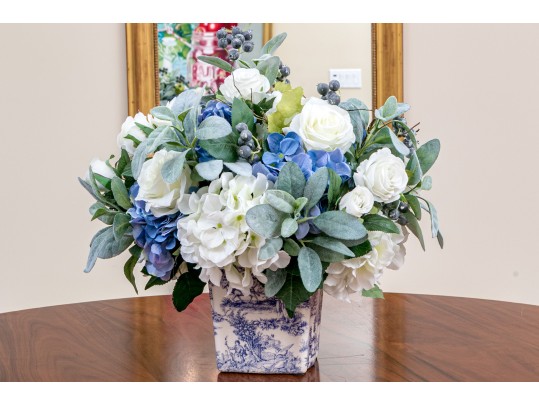 Decorative Blue And White Planter With Faux Floral Bouquet