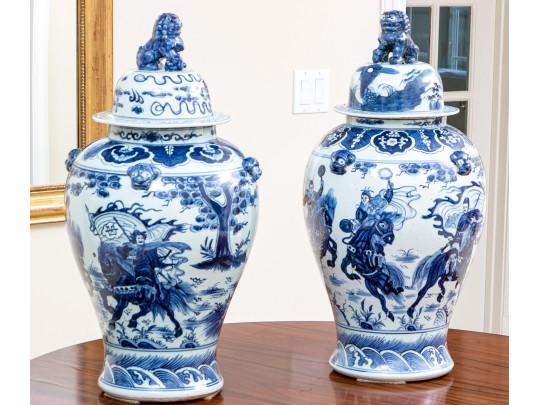 Monumental Pair Of Chinese Blue And White Porcelain Temple Jars With Lids