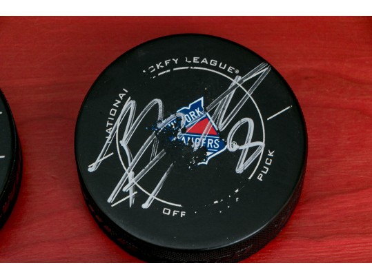 Three Autographed New York Rangers NHL Pucks 