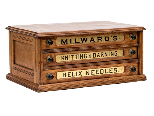 Antique Milward's Three Drawer Oak Needle Cabinet