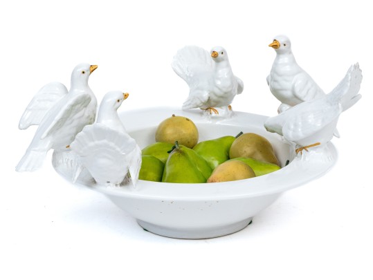 Decorative Ceramic Bird Bath Form Bowl With Five Moulded Doves