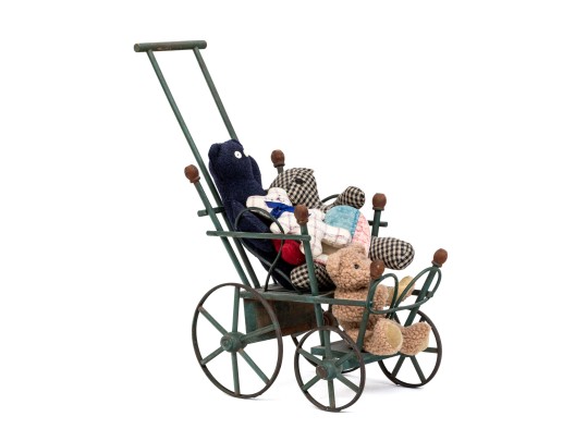 Antique Child's Toy Baby Carriage Filled With Stuffed Toy Bears