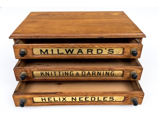 Antique Milward's Three Drawer Oak Needle Cabinet