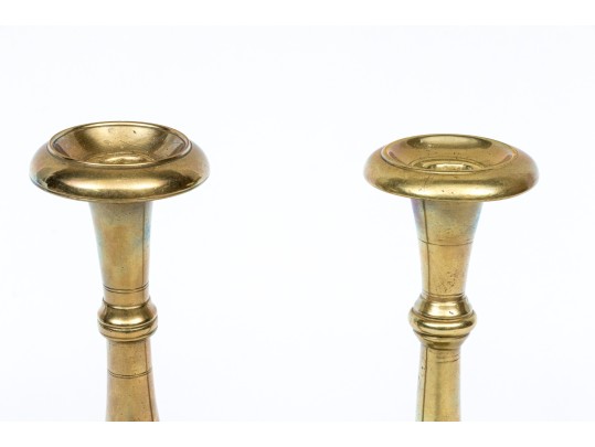 Compatible Pair Of Heavy Brass 18th Century Candlesticks