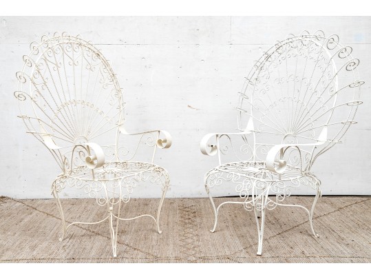 Pair Of Vintage White Painted Metal Peacock Chairs 