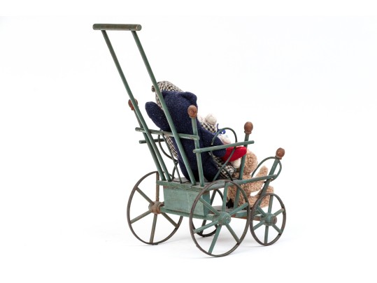 Antique Child's Toy Baby Carriage Filled With Stuffed Toy Bears