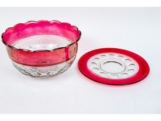 Vintage Indiana Glass Kings Crown Ruby Punch Bowl Set
