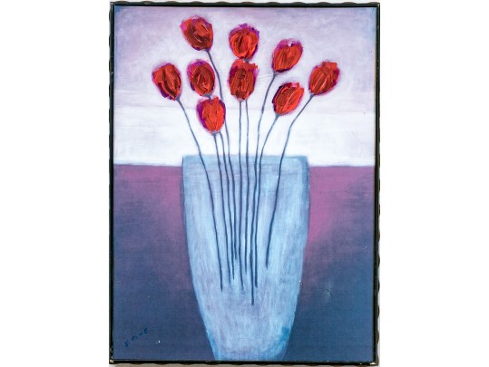 J. Pine, Signed Embellished Giclee On Board, Vase Of Red Tulips