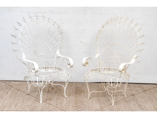 Pair Of Vintage White Painted Metal Peacock Chairs 