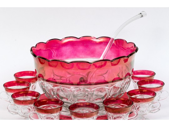 Vintage Indiana Glass Kings Crown Ruby Punch Bowl Set