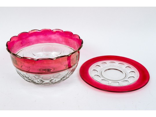 Vintage Indiana Glass Kings Crown Ruby Punch Bowl Set