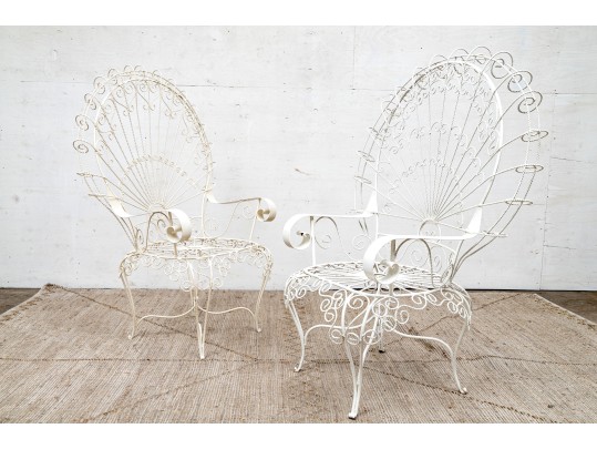 Pair Of Vintage White Painted Metal Peacock Chairs 