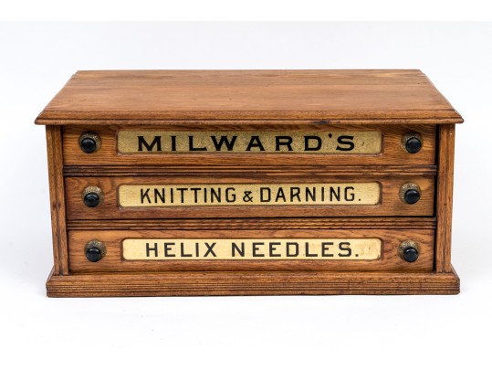 Antique Milward's Three Drawer Oak Needle Cabinet