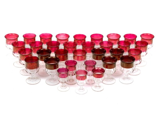 34 Piece Collection Of Cranberry Banded Molded Glass Stemware