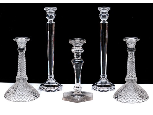 Assembled Collection Of Five Crystal Candlesticks
