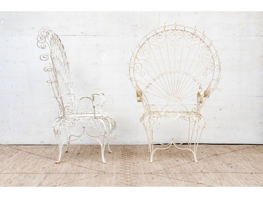 Pair Of Vintage White Painted Metal Peacock Chairs 