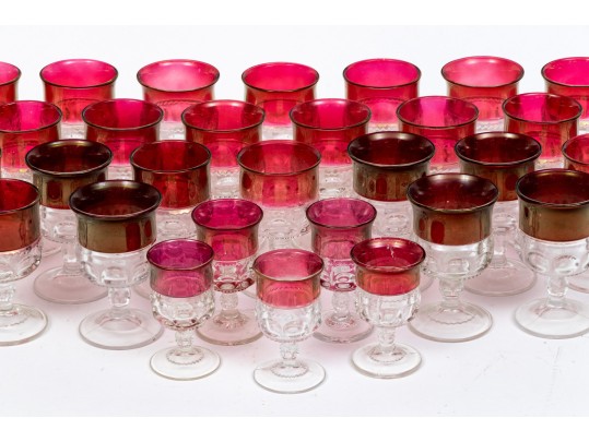 34 Piece Collection Of Cranberry Banded Molded Glass Stemware