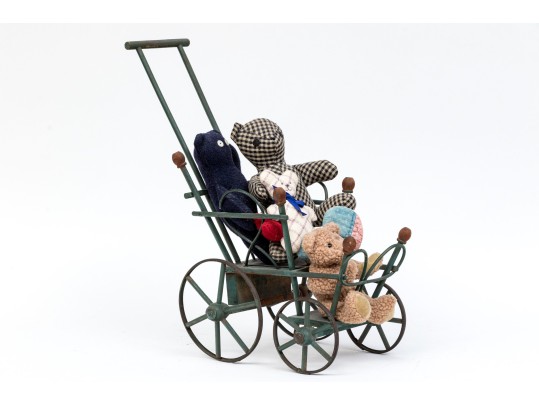 Antique Child's Toy Baby Carriage Filled With Stuffed Toy Bears