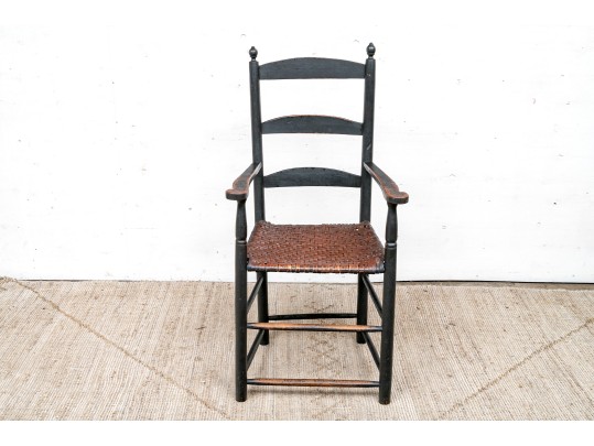 Antique Ladder Back Armchair In Black Paint