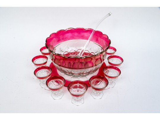 Vintage Indiana Glass Kings Crown Ruby Punch Bowl Set