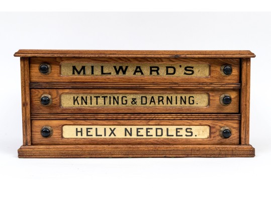 Antique Milward's Three Drawer Oak Needle Cabinet