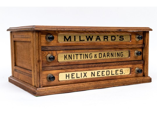 Antique Milward's Three Drawer Oak Needle Cabinet