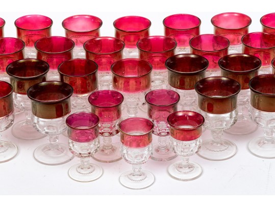 34 Piece Collection Of Cranberry Banded Molded Glass Stemware